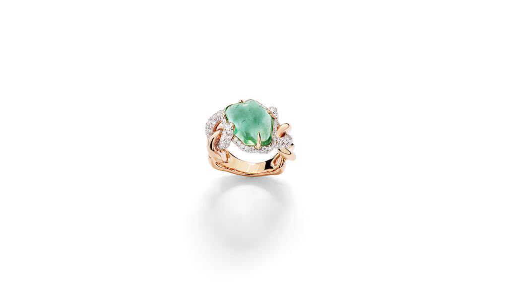 Pomellato’s 18-karat rose gold ring with a 10.77-carat green tourmaline and diamonds totaling 2.15 carats set on white rhodium-plated rose gold Green Tourmaline Ring